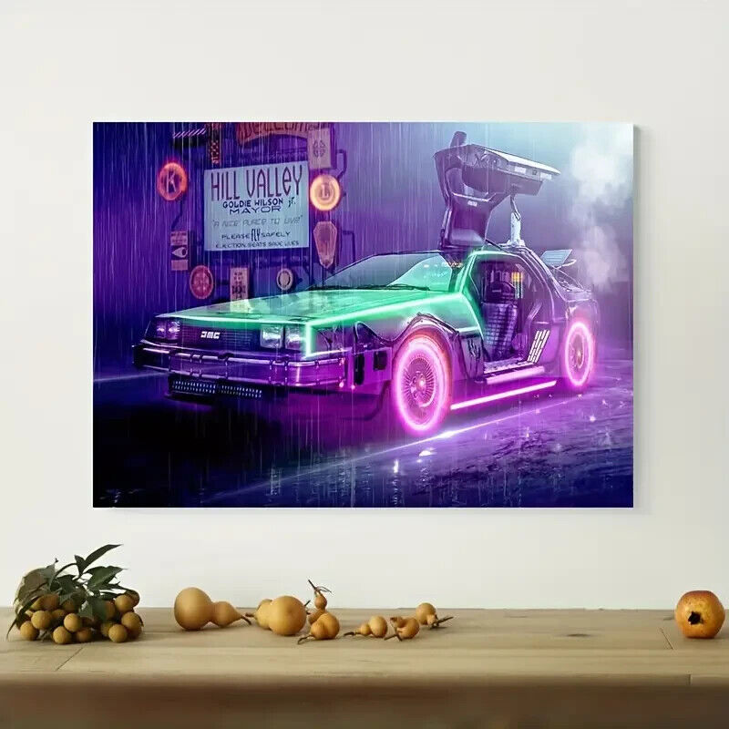 BACK TO THE FUTURE DELOREAN FILM MOVIE CANVAS WALL ART COVERING 60x40CM NEON