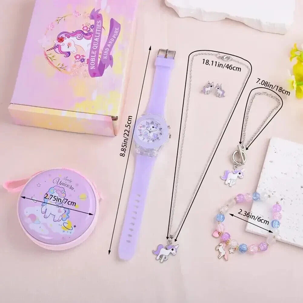Girls Unicorn Light Watch Jewellery Gift Set Purse Earrings Necklace Bracelet