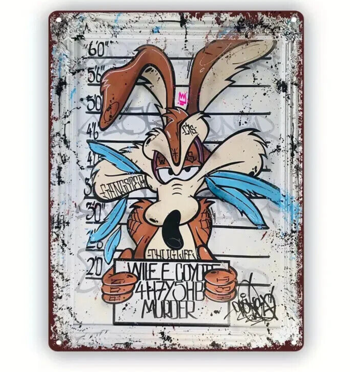 LOONY TUNES WILE E COYOTE WANTED MUGSHOT Tin Metal sign GIFT Art Deco Movie