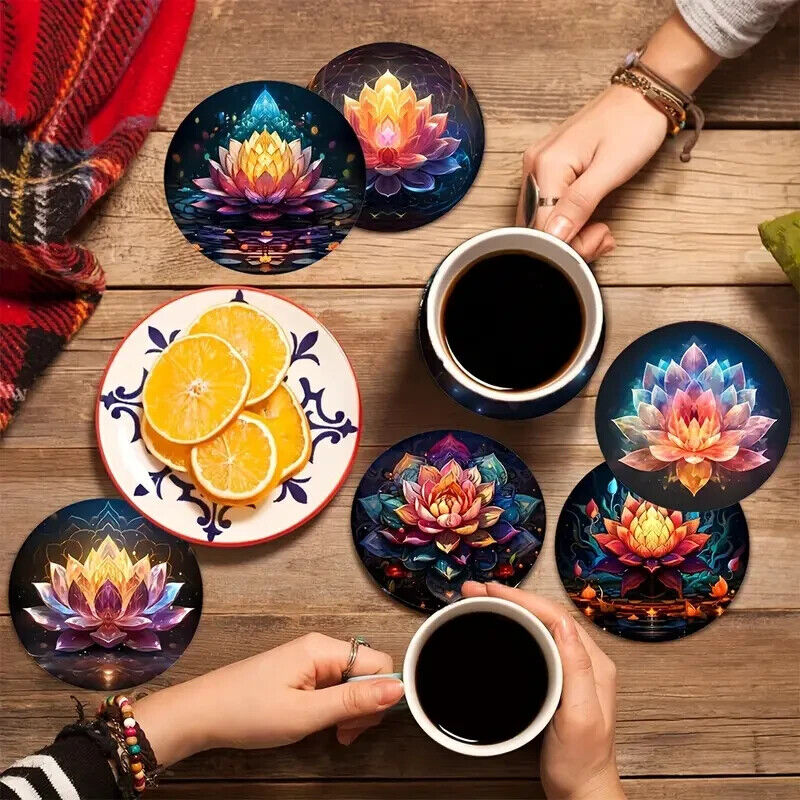 8 X Round WOOD NEON Coaster Pink Lotus Flower Peace Spiritual HEAT RESISTANT