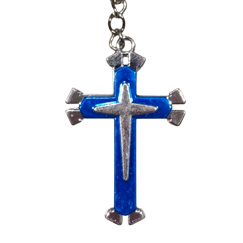 CROSS JESUS CHRIST RELIGION KEYRING KEYCHAIN KEY RING SILVER BLUE