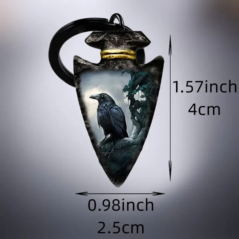 Crow Raven ARROW HEAD Glass Keyring Pagan Gothic Wicca Gift KEYCHAIN DARK