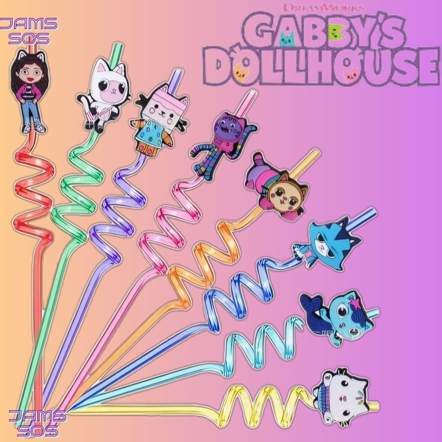 STRAW GABBY'S DOLLSHOUSE NOVELTY CURLY STRAWS DJ CATNIP MERCAT FAIRY GABBY