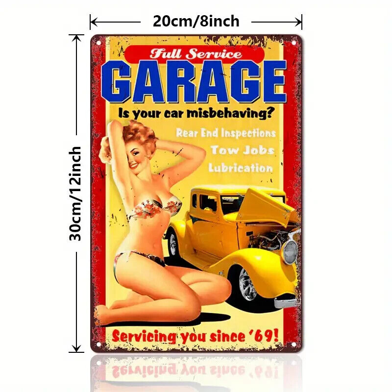FULL SERVICE GARAGE 69 Tin Metal sign CAR GIRL YELLOW Art Deco Movie MECHANIC