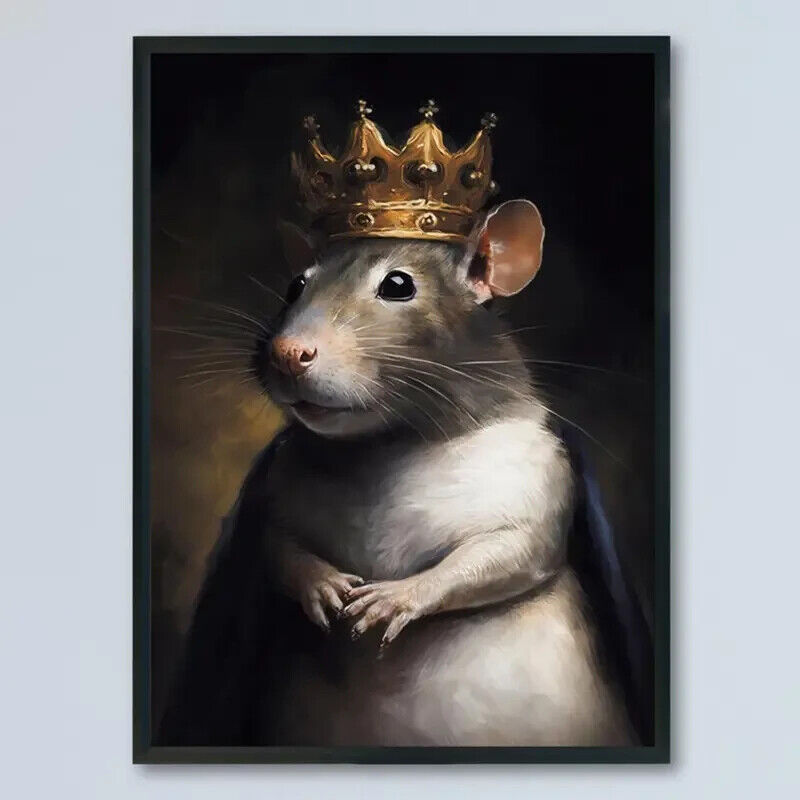 Happy Pet Rat In Golden Crown Watercolour Art MOUSE Print Canvas KING 30X42