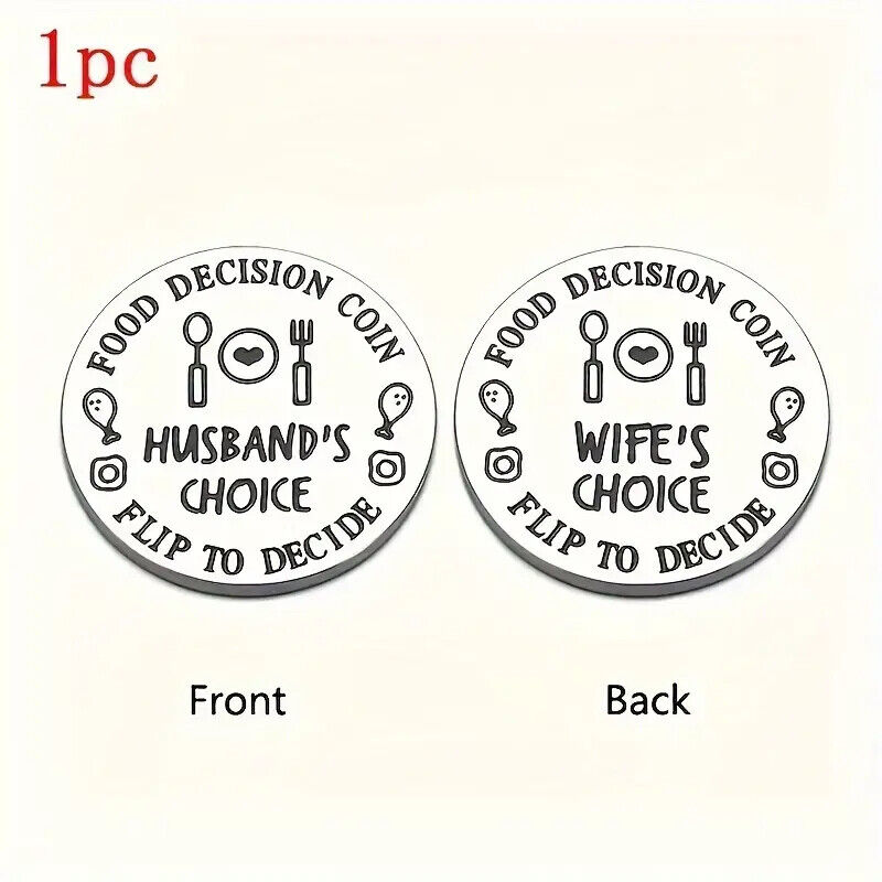 FOOD DECISION COIN SILVER Husband WIFE Keyring Mens Gift FLIP TO DECIDE FUN