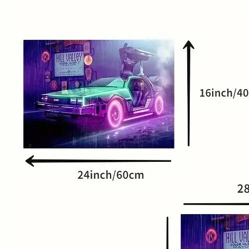 BACK TO THE FUTURE DELOREAN FILM MOVIE CANVAS WALL ART COVERING 60x40CM NEON