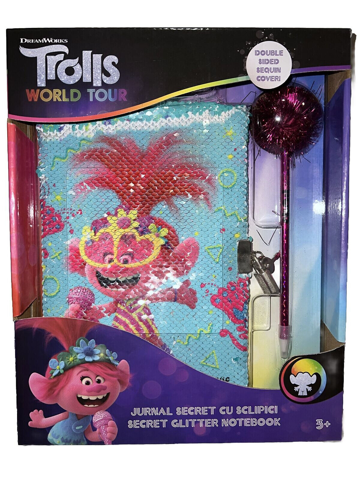 Trolls World Tour Secret Glitter Notebook Journal Double Sided Sequin Cover Pen