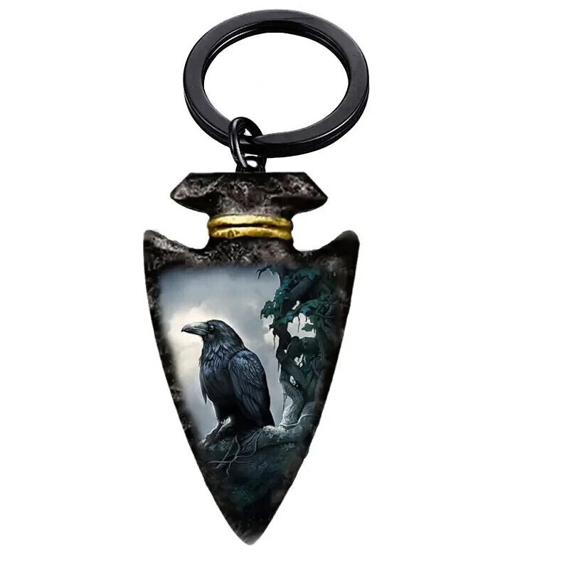 Crow Raven ARROW HEAD Glass Keyring Pagan Gothic Wicca Gift KEYCHAIN DARK
