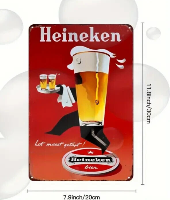 HEINEKEN BIER BEER BAR PUB SHED MAN CAVE TIN SIGN RED GOLD PINT GLASS WAITER
