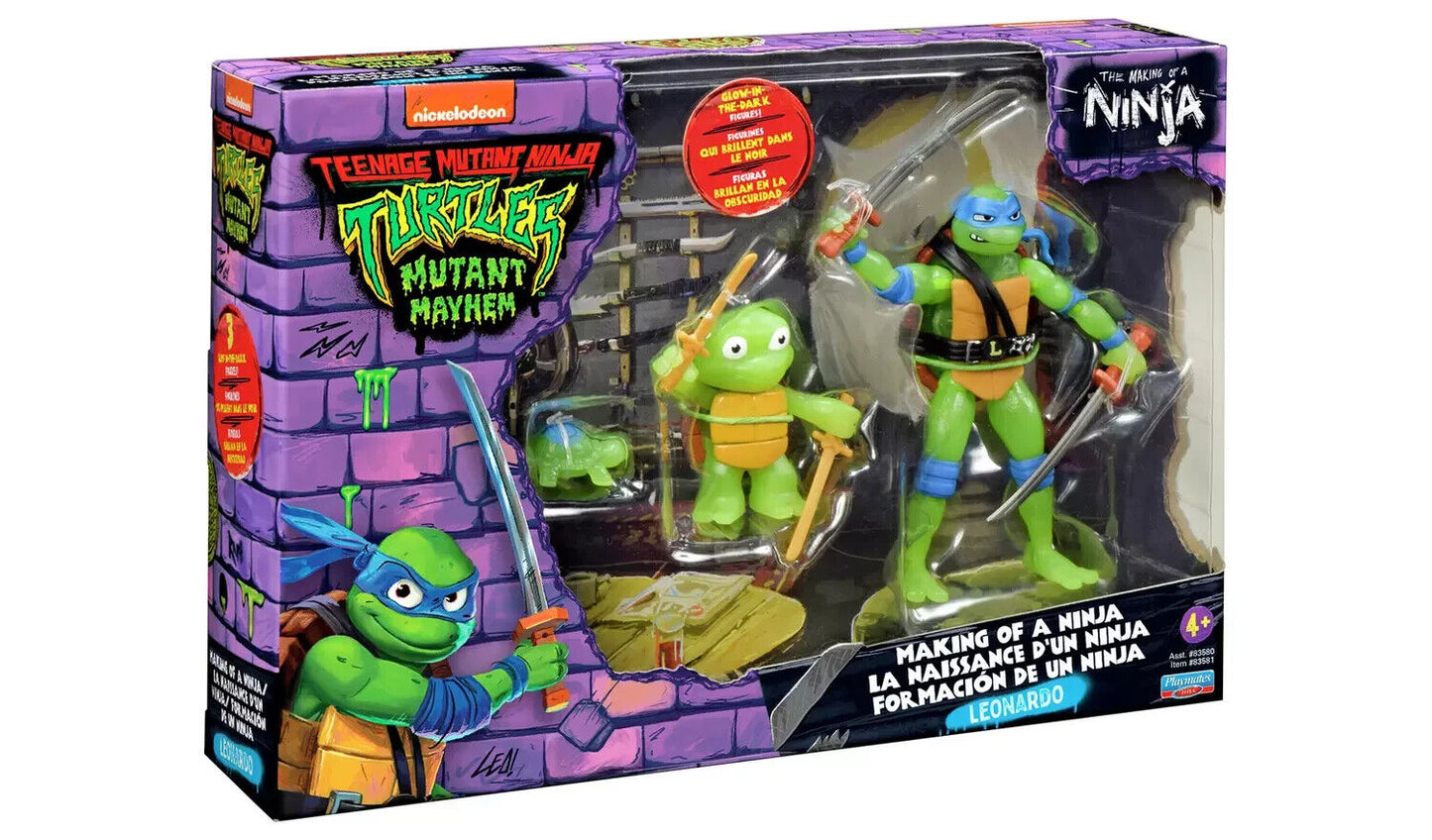GLOW IN THE DARK TMNT Mutant Mayhem Making of a Ninja Leonardo Figure set 3pack