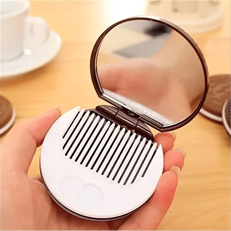 Cute OREO Style Cookie Shaped Folding Compact with Comb and Mirror Light Brown