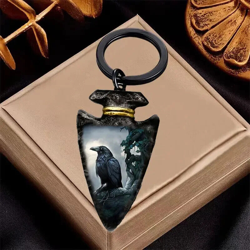 Crow Raven ARROW HEAD Glass Keyring Pagan Gothic Wicca Gift KEYCHAIN DARK