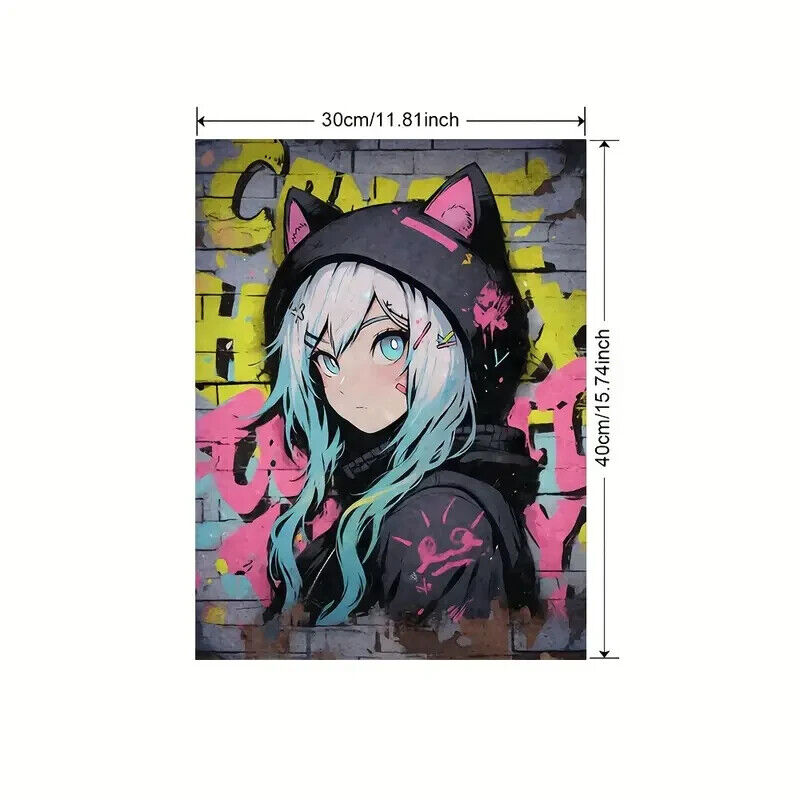 ANIME Picture PRINT Canvas Wall Art COOL FUNKY GRAFFITI COLOUR CAT HOODIE JAPAN