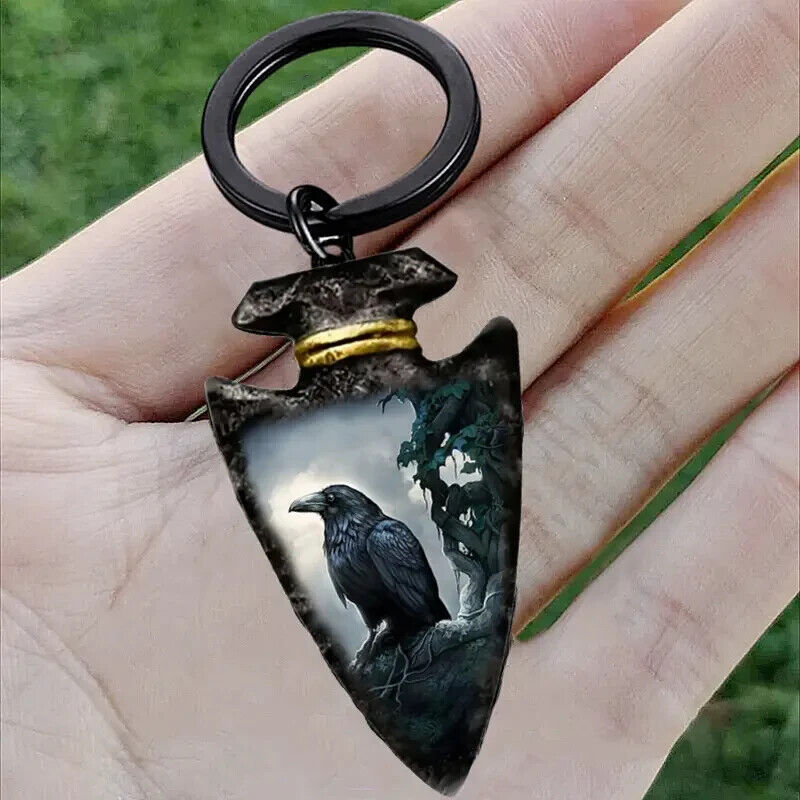 Crow Raven ARROW HEAD Glass Keyring Pagan Gothic Wicca Gift KEYCHAIN DARK