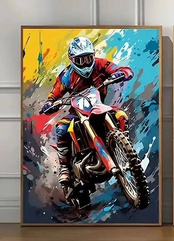 Dirt Bike Sport Splatter Paint Motocross Rider Canvas Poster Picture MOTORBIKE