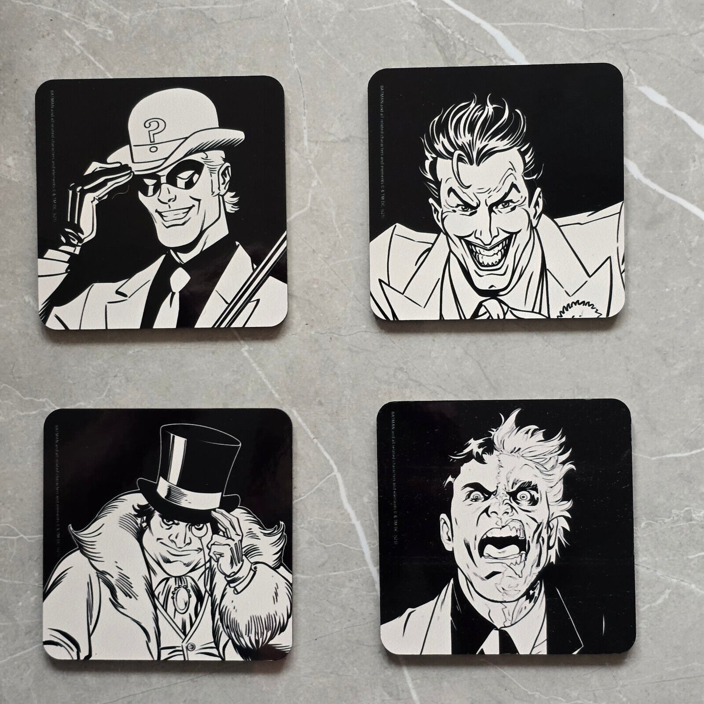 BATMAN JOKER RIDDLER TWO FACE PENGUIN Coaster Retro TV Drinks Mat BLACK WHITE