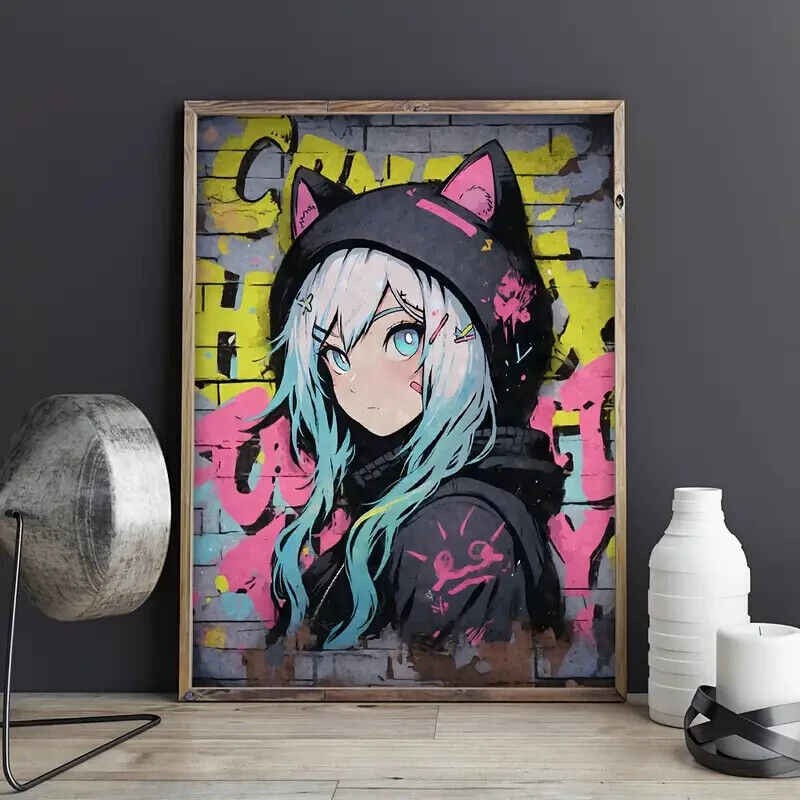 ANIME Picture PRINT Canvas Wall Art COOL FUNKY GRAFFITI COLOUR CAT HOODIE JAPAN