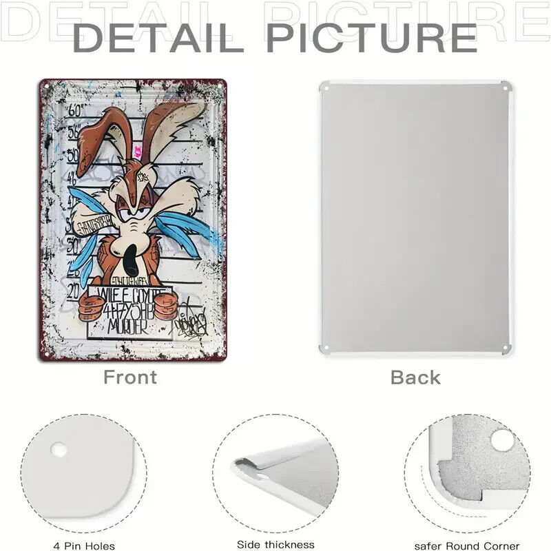 LOONY TUNES WILE E COYOTE WANTED MUGSHOT Tin Metal sign GIFT Art Deco Movie