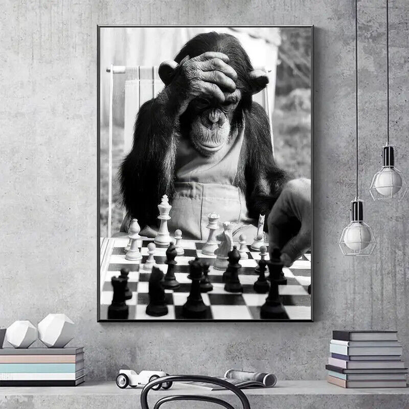 ANIMAL Canvas Wall Art Movie Poster Print Picture MONKEY CHIMP GREYSCALE CHESS