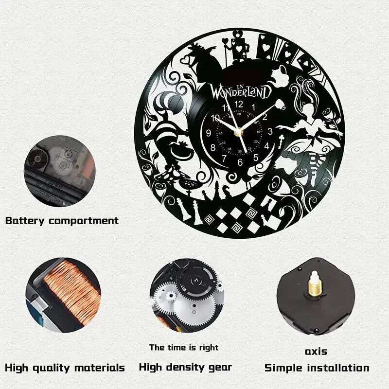 ALICE IN WONDERLAND DISNEY Vinyl Record Wall Clock Gifts Decor CIRCLE BLACK