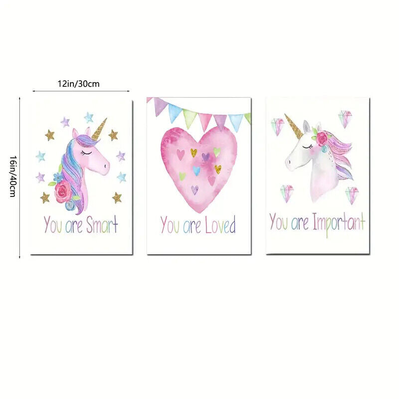 Rainbow Unicorn Canvas Painting Kids Bedroom Wall Art SMART LOVED IMPORTANT
