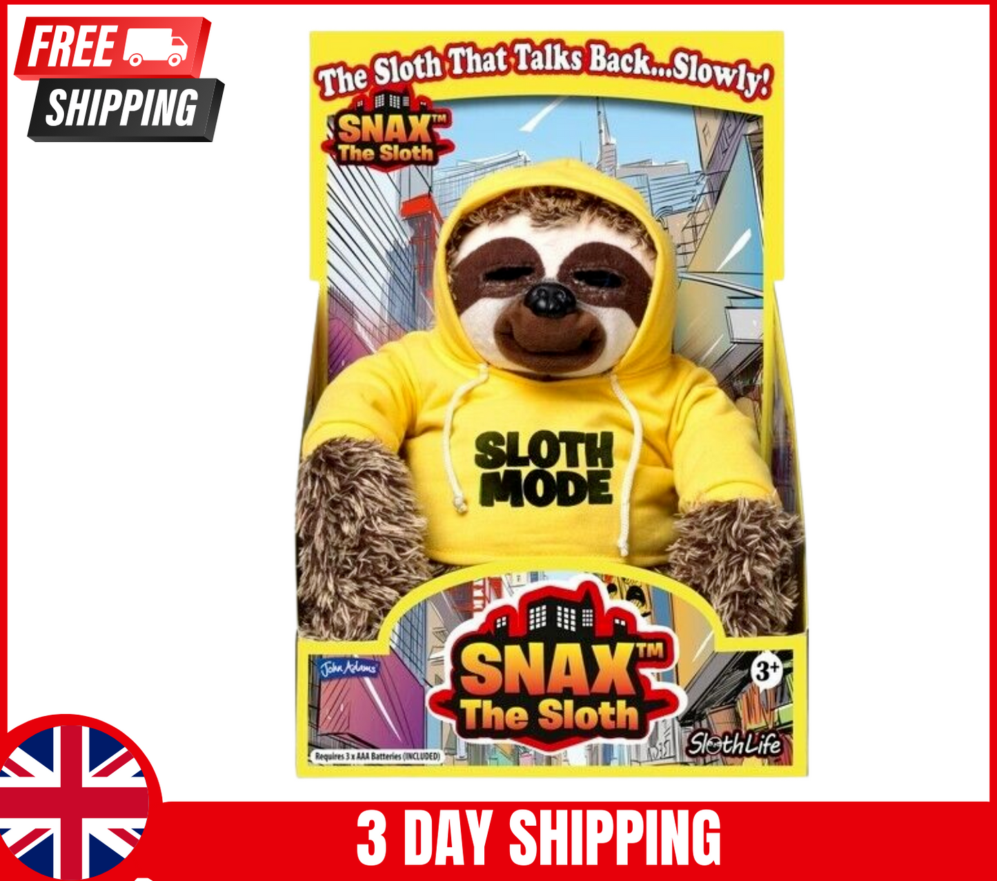 John Adams Snax The Sloth in Yellow Hoodie Talking Plush Kids Soft Toy