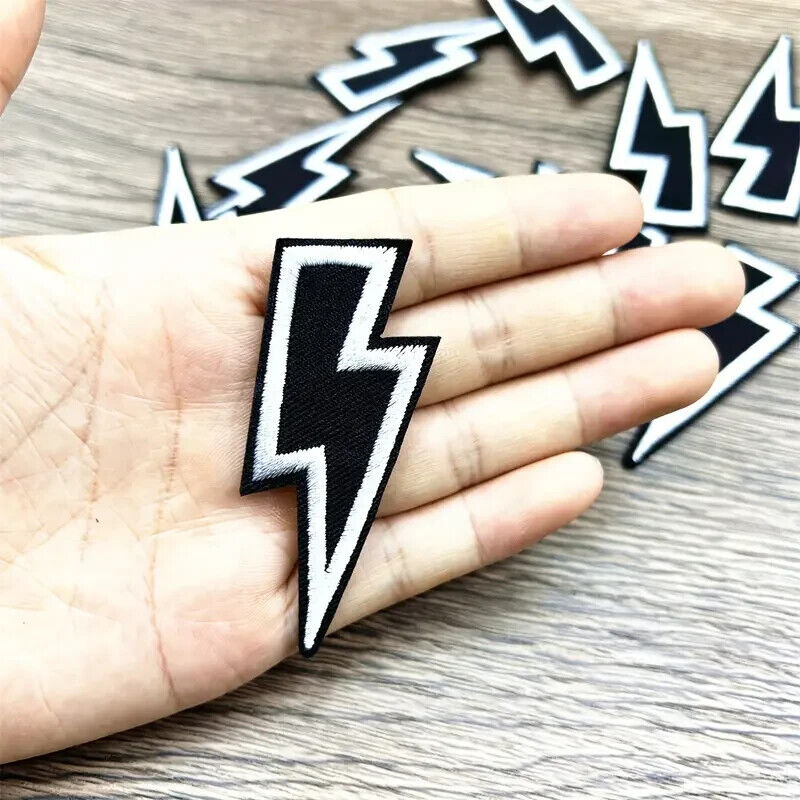 Set Of 2 Black White Bolt Iron Sew Embroidered Gothic Patches Gift FLASH BOLT
