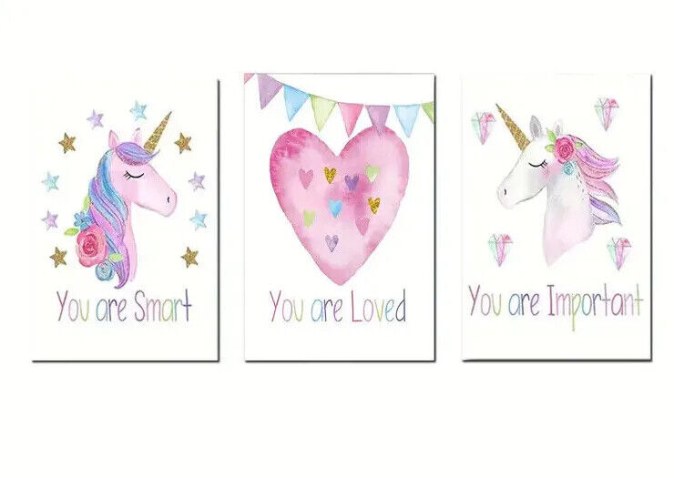 Rainbow Unicorn Canvas Painting Kids Bedroom Wall Art SMART LOVED IMPORTANT