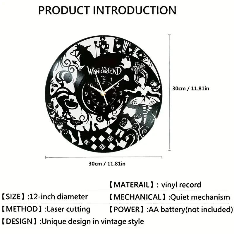 ALICE IN WONDERLAND DISNEY Vinyl Record Wall Clock Gifts Decor CIRCLE BLACK