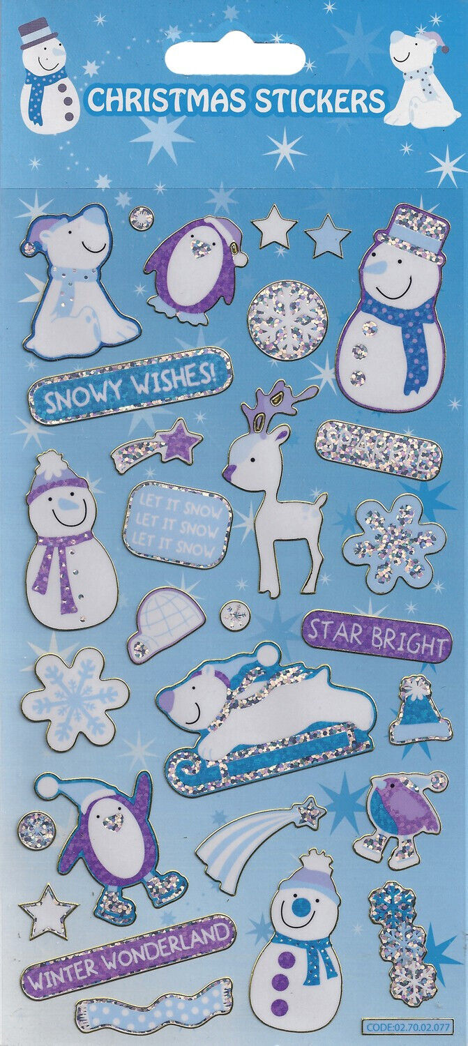 Christmas Sparkly Fun Foiled Sticker Sheet SNOW XMAS GIFT CRAFT PENGUIN IGLOO