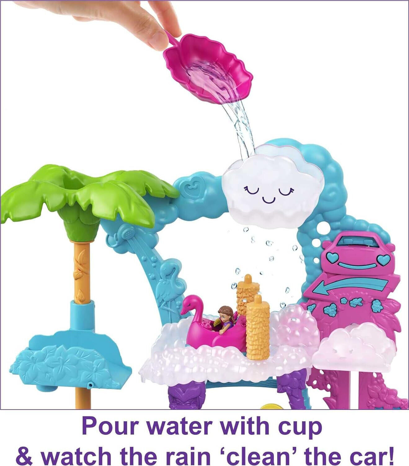 Polly Pocket Pollyville Flamingo Fun Car Wash Playset New Kids Xmas Toy Gift 4+