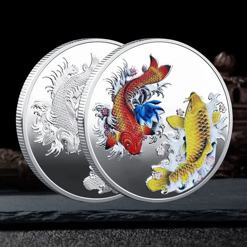 Feng Shui Koi Carp Fish Coin Chinese Good Luck Collectable Coin Gold Silver