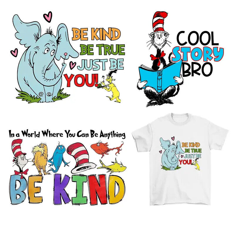 DR SUESS IRON-ON TRANSFER CAT IN A HAT BE KIND HORTON LORAX BLUE FISH