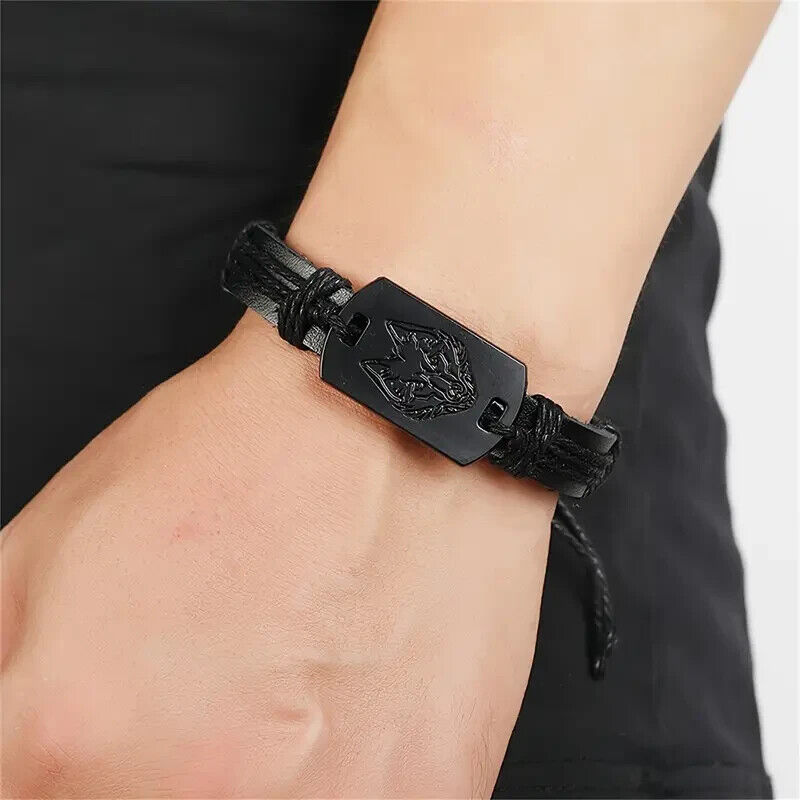 Mens Vintage Viking Black Leather Norse Metal Rune Valknut Wolf Design Bracelet 