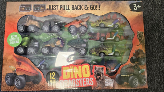 12 X Pull Back N Go Vehicle Car Dinosaur Racer Toy Dino Figure Kids Birthday 