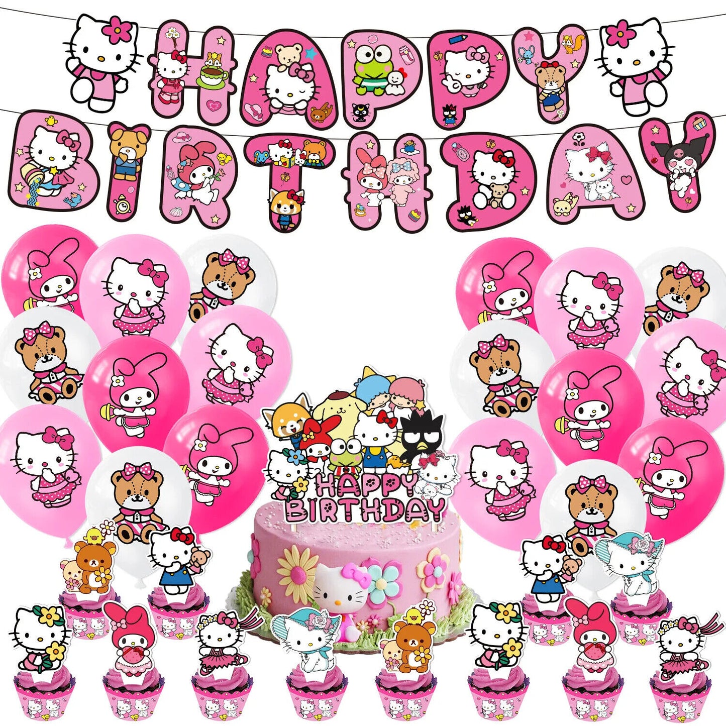 Hello kitty Happy Birthday Balloons Banner Cake Toppers Party Decorations Pink