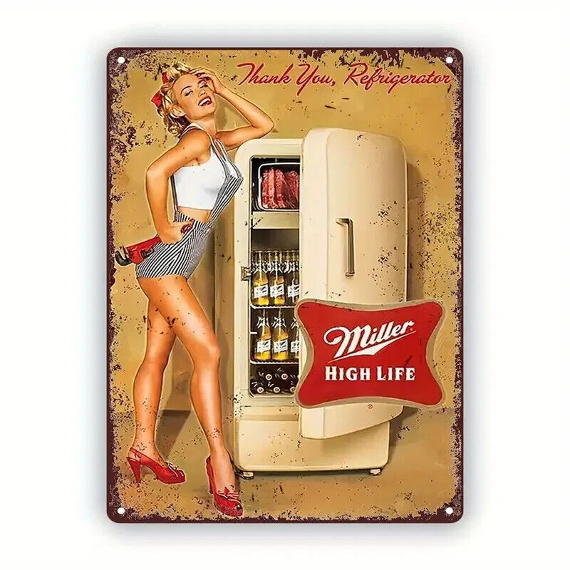 MILLER TIME GIRL HIGH LIFE Retro Tin Sign ALCOHOL WALL MAN CAVE PUB SEXY PIN UP