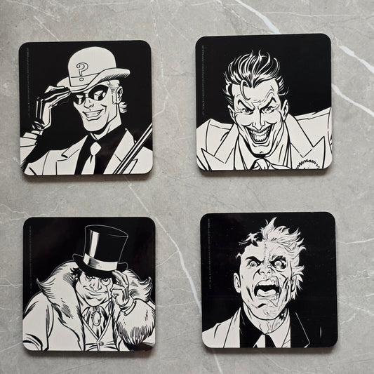 BATMAN JOKER RIDDLER TWO FACE PENGUIN Coaster Retro TV Drinks Mat BLACK WHITE