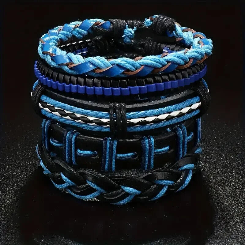 UNISEX 5 Piece Set Handcraft Multi-layer Faux Blue BLACK Leather Bracelet XMAS