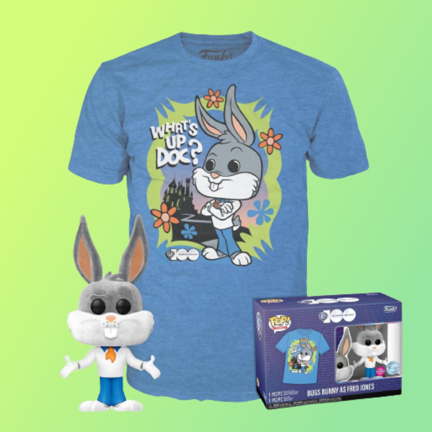 Funko POP & Tshirt WB100 Bugs Bunny As Fred Jones Flocked Large Set Gift Toy