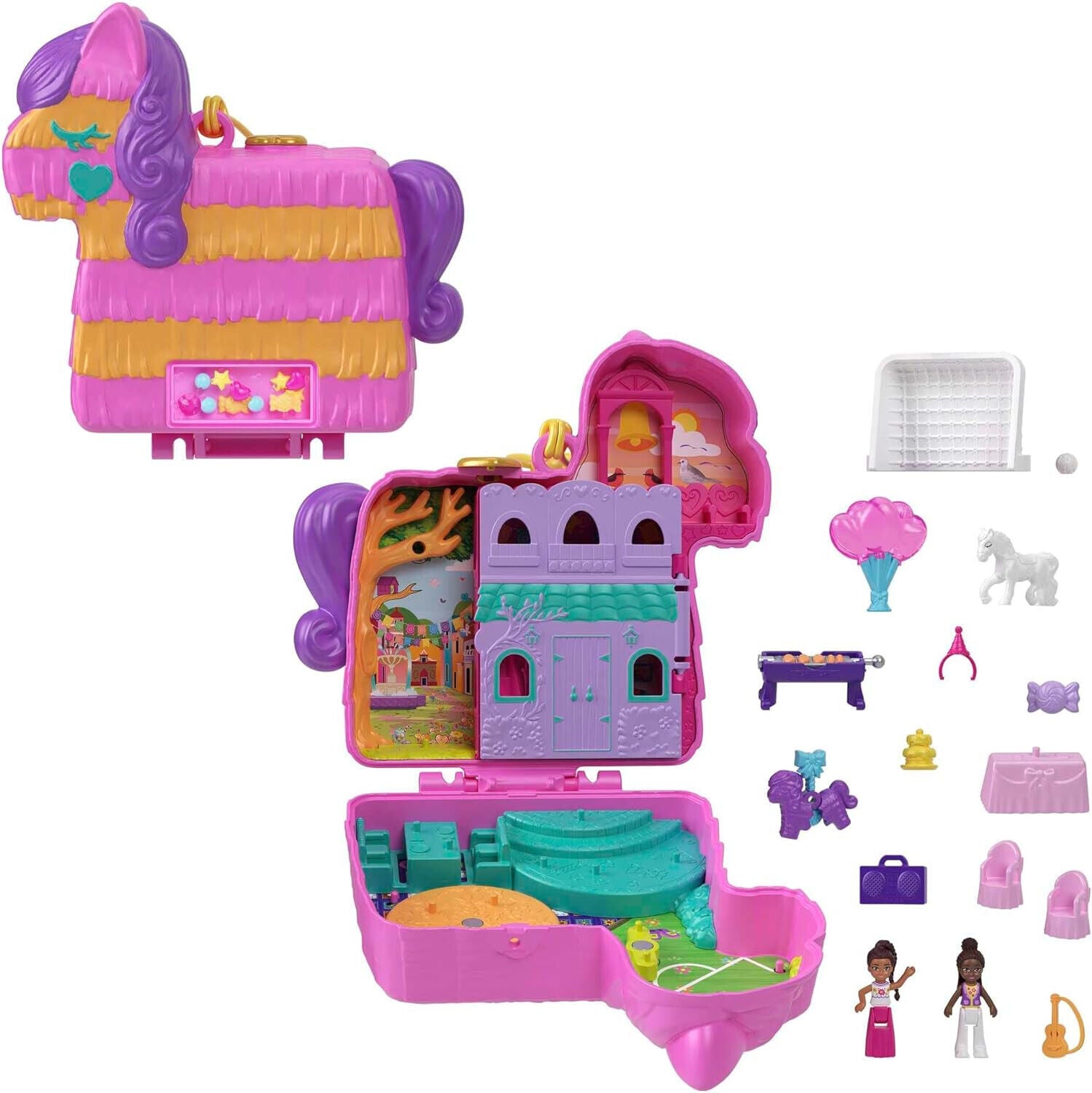 Polly Pocket Mini Toys, Piñata Party Compact Playset with 2 Micro Dolls and 14 A