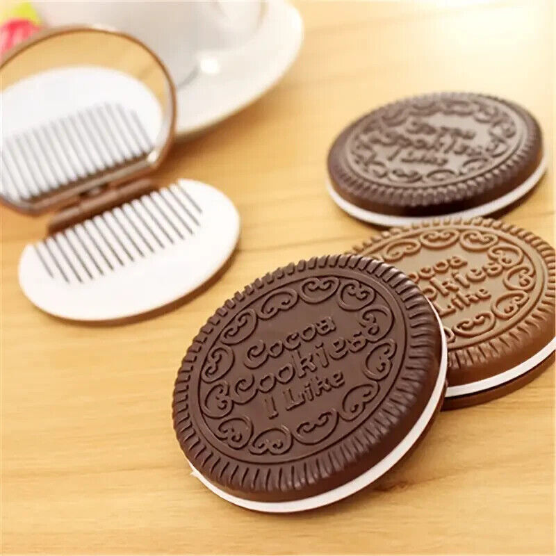 Cute OREO Style Cookie Shaped Folding Compact with Comb and Mirror Light Brown