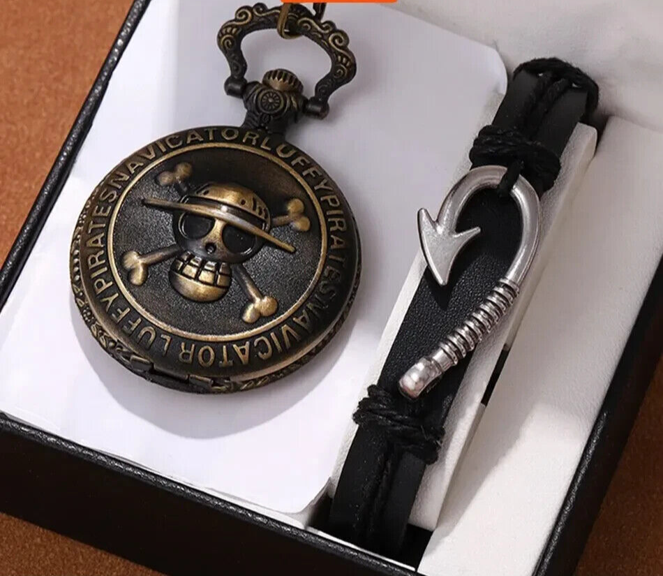 ONE PEICE LUFFY Quartz Pocket Watch Leather BracelET SHIP PORTHOLE BLACK SEA SET