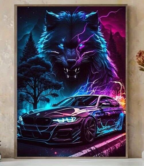 LARGE Neon Super BMW Car Wolf Poster Abstract Art Canvas Painting Wall Art SPARK