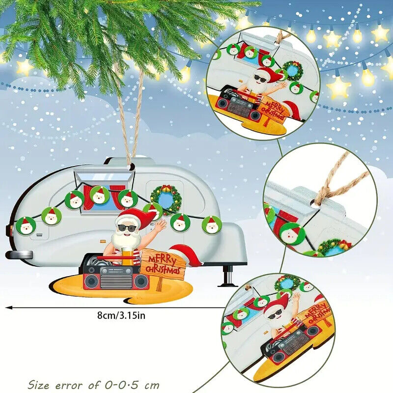 CAMPER TREE DECORATION Santa Snowman Caravan Wooden Christmas TRAVEL XMAS FUN