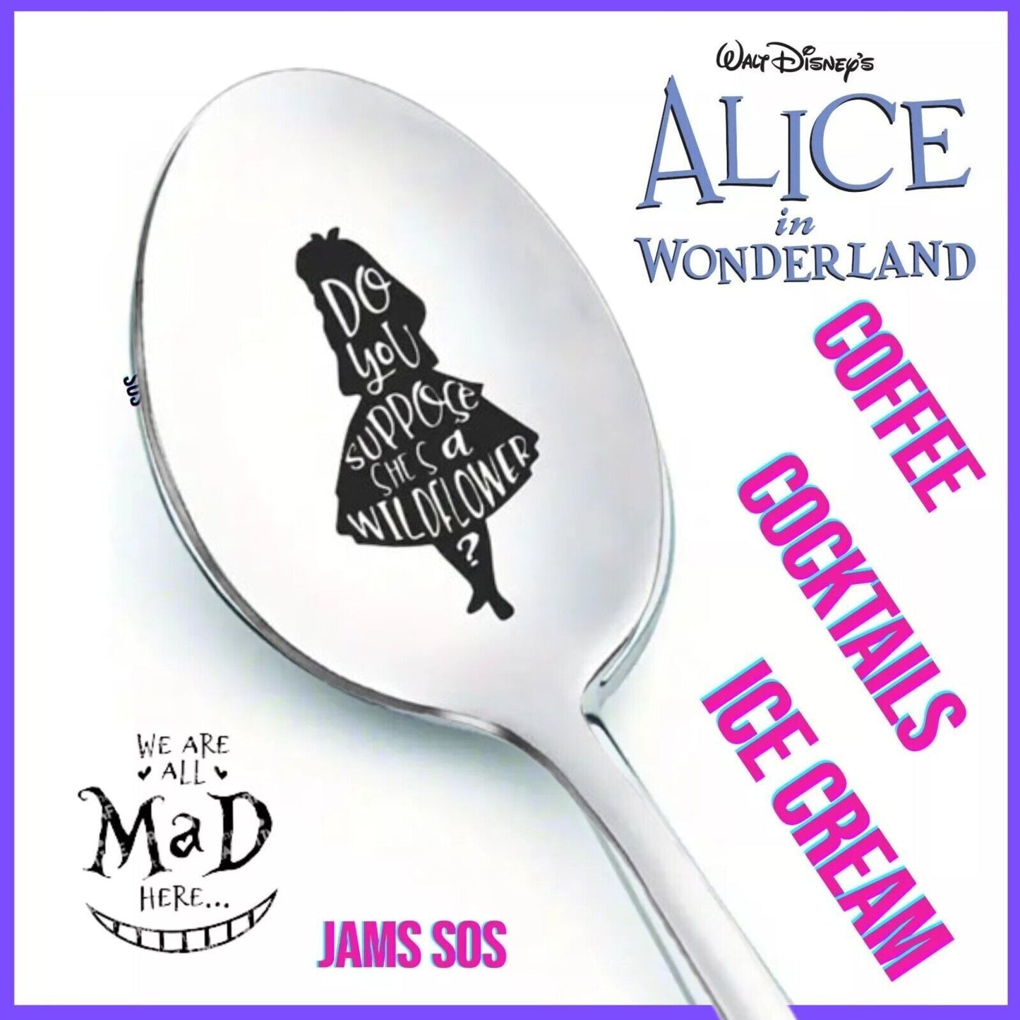 MAD HATTER WERE ALL MAD HERE Spoon ICE CREAM COFFEE SUNDAE SILVER ALICE WONDERLA