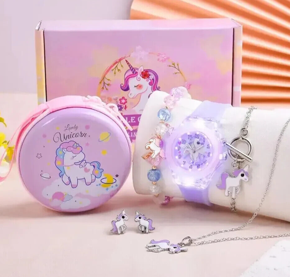 Girls Unicorn Light Watch Jewellery Gift Set Purse Earrings Necklace Bracelet