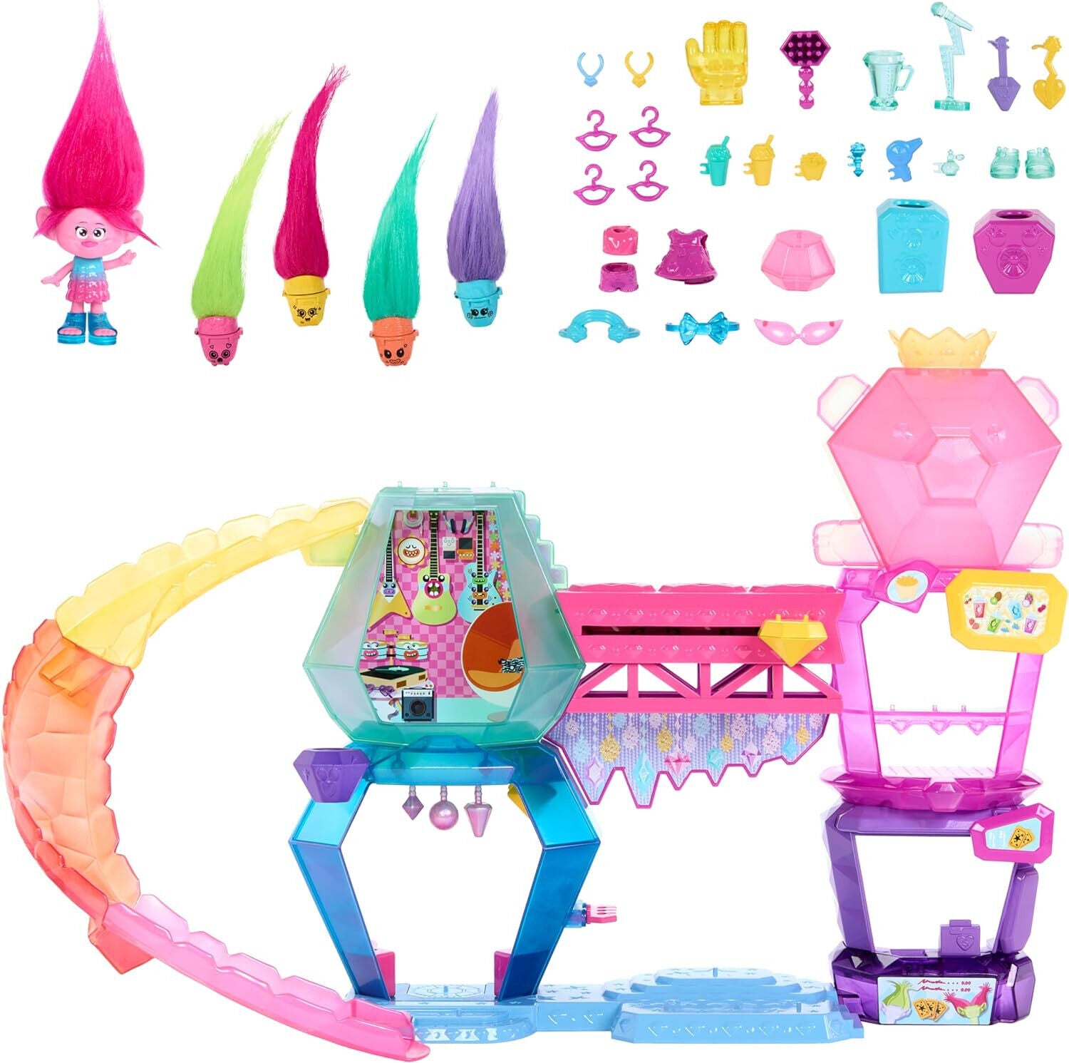 TROLLS QUEEN POPPY Band Together Mount Rageous Playset 25+Accessories4 Hair Pops