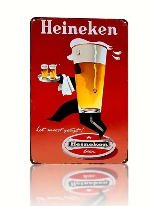 HEINEKEN BIER BEER BAR PUB SHED MAN CAVE TIN SIGN RED GOLD PINT GLASS WAITER